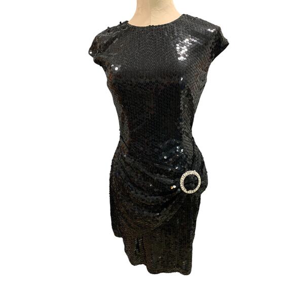 Size 6 Nite Line Vintage 1990s Black Sequin Dress Sheath Waist Drape - Picture 3 of 9